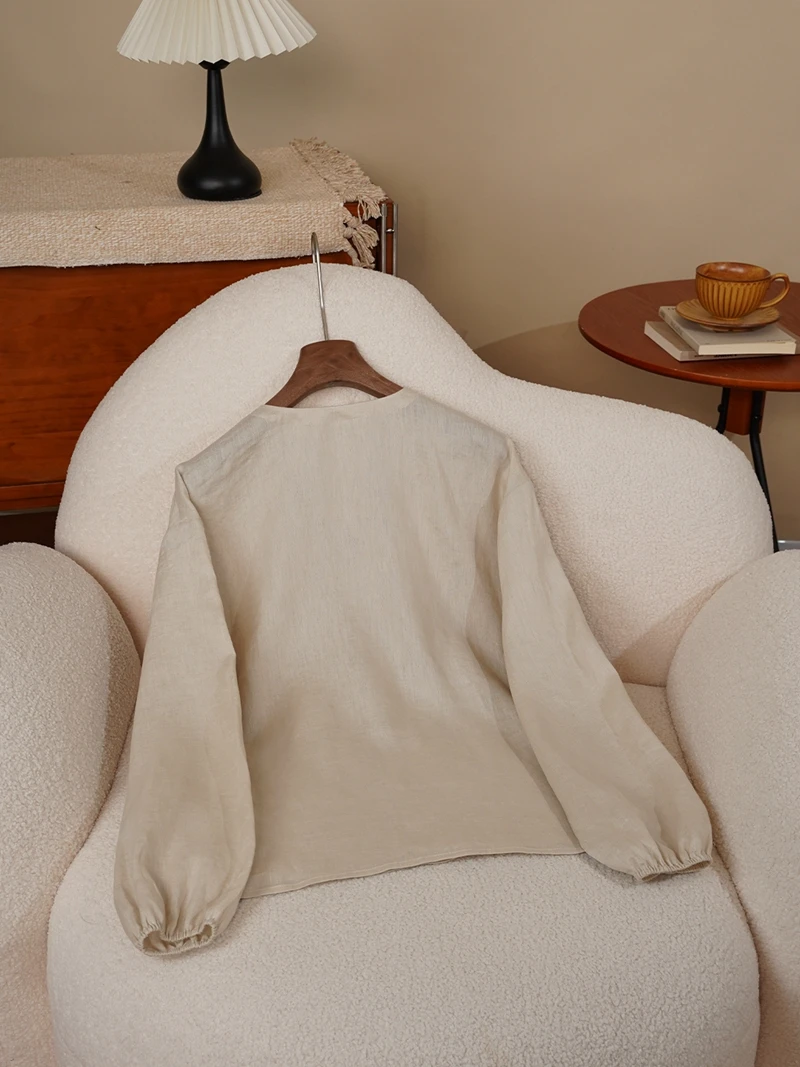 

Heavyweight Linen Button up V-Ne Loose Casual Chinese Sle Long Sve Lazy Ele Autumn irt Top French Sle Loose Fit