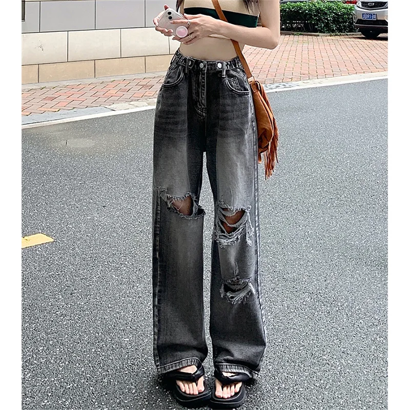 

2024 New Plus size Chubby Girl Slimming High Waist Straight Ripped Jeans Women Loose High Street Ins Trendy Wide Leg Pants