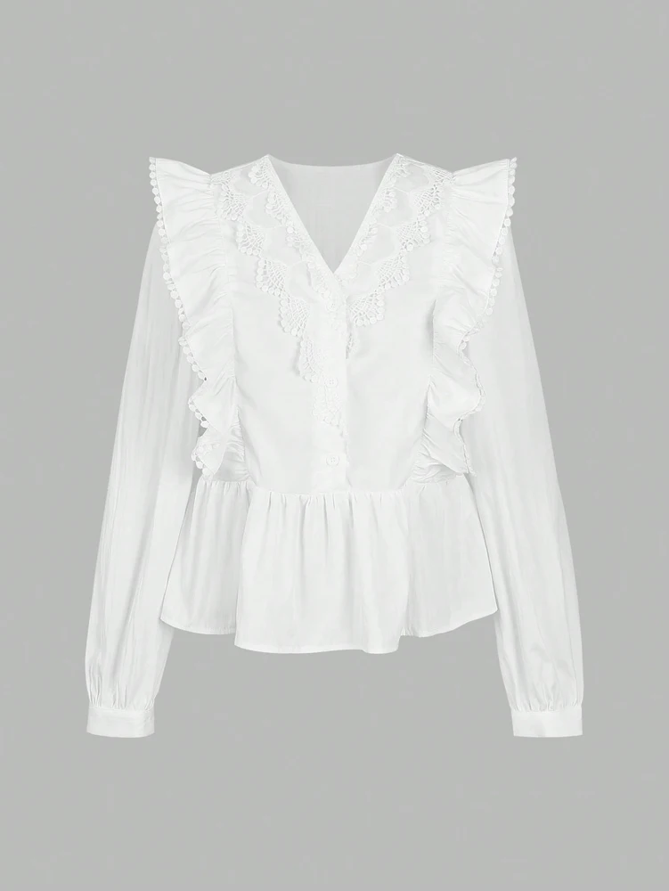 حجم كبير 2025 الخريف الوافدين الجدد المرأة عادية بلون الدانتيل لوحة تكدرت بأكمام طويلة قمة عصرية وأنيقة #6