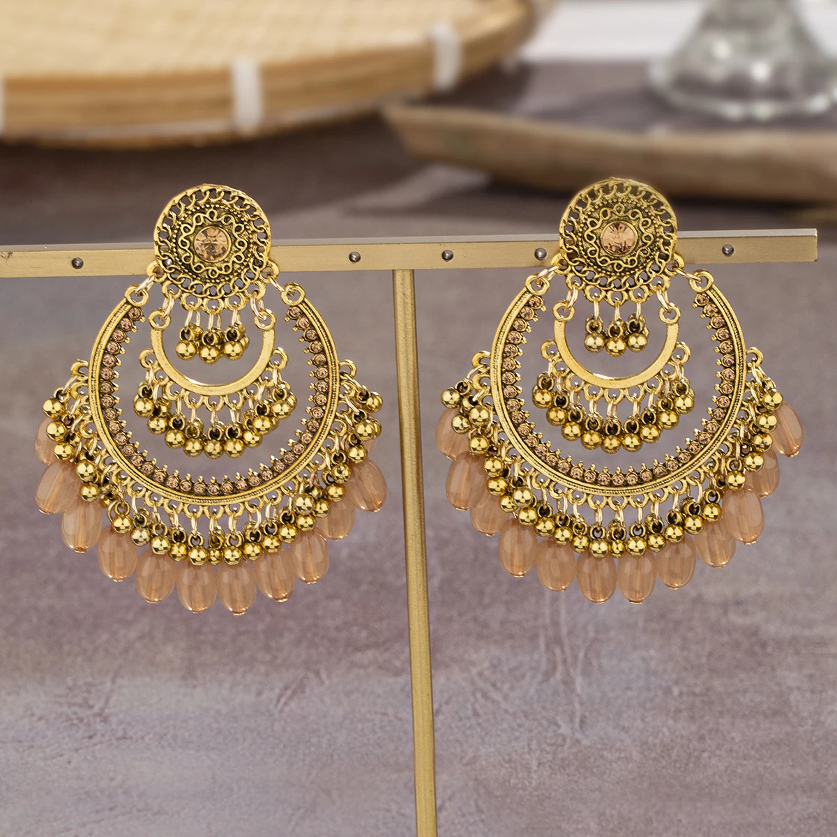 Vintage Women\'s Big Round Hollow Earrings Indian Jewelry Gypsy Gold Plated Beads Tassel Wedding Earrings Jhumka Bohemia Jewelry