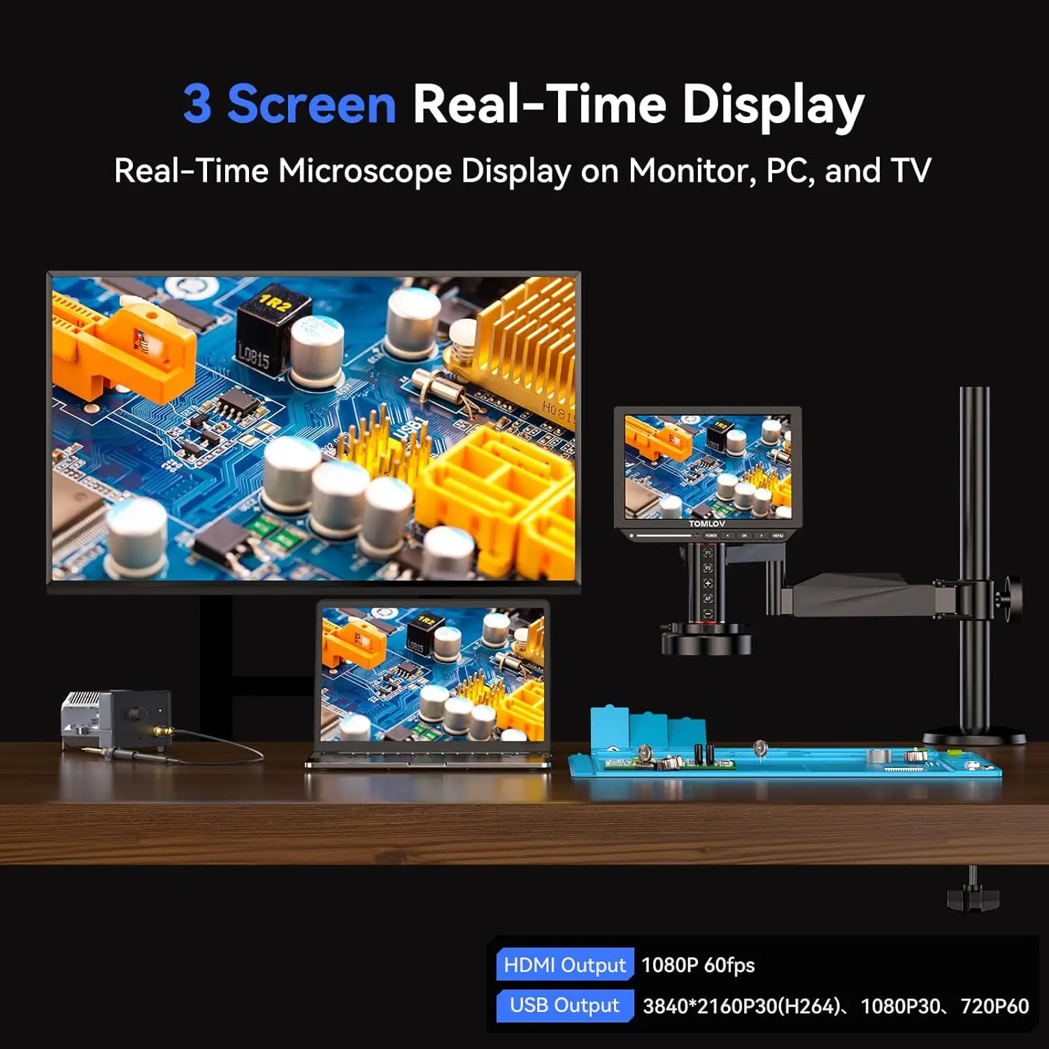 Imagem -02 - Tomlov 4k Microscópio Digital Autofoco 2000x Tm4k-af Braço Flexível Microscópio de Solda Hdmi Eletrônica Pcb Microscópio de Soldagem