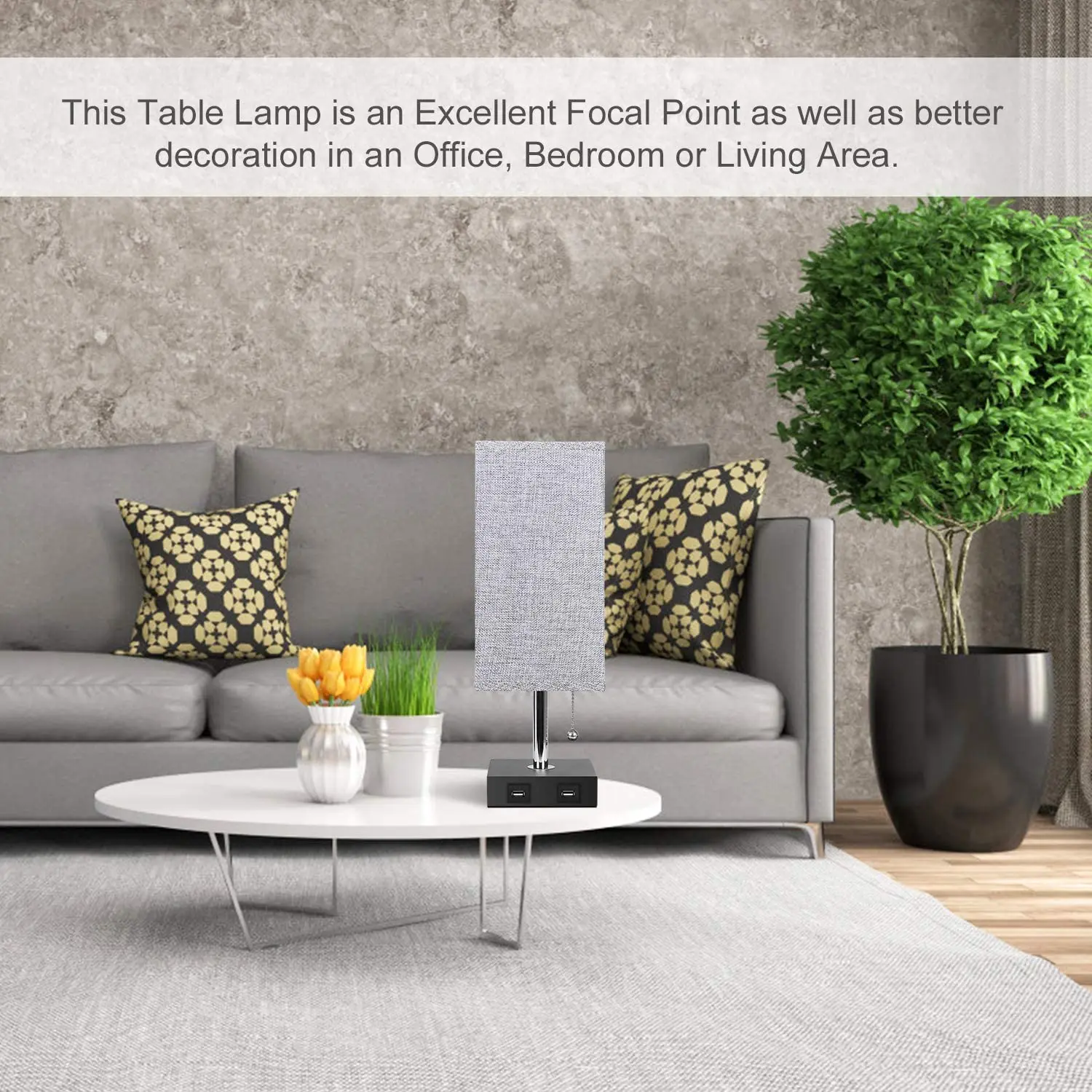 HLZS-USB-Nachttischlampe mit 2 USB-Schnellladeanschlüssen, praktische Zugkette, 1-teilig, EU-Stecker