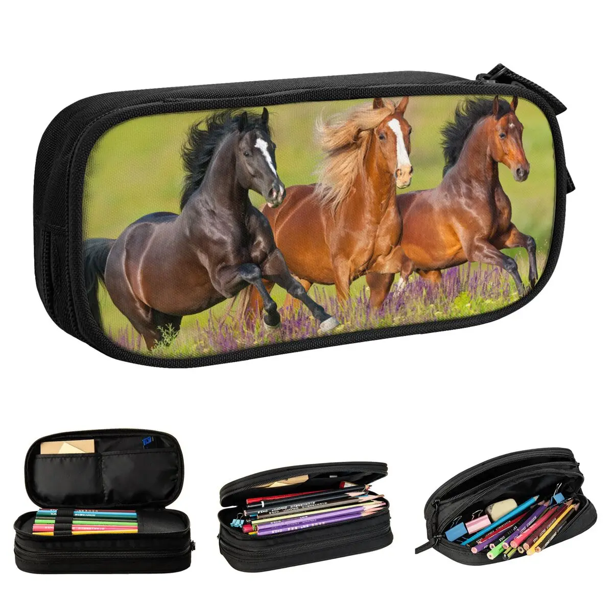 Horse Running Flower Meadow Pencil Case Galloping Animal Lovers Pencilcases Pen Holder Big Capacity Bags Office Gift Stationery