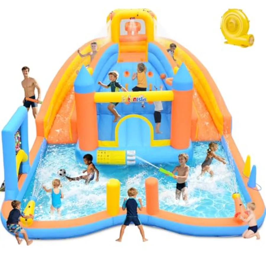 

Outdoor kids party bouncer: heavy-duty PVC blue/red dual water slides with climbing wall splash pool 2 cannons ball games 16x13