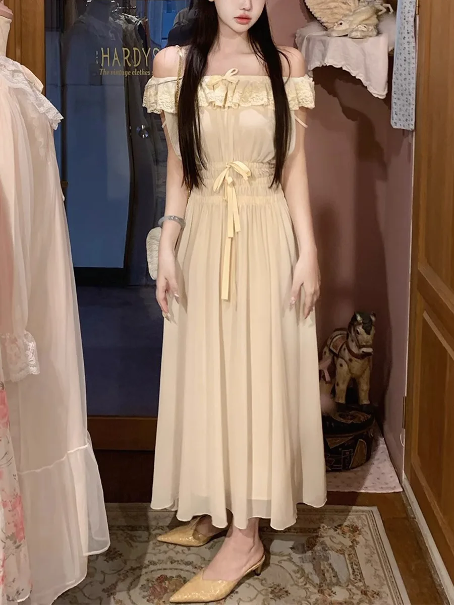 

Элегантное кружевное платье на одно плечо с узлом, приталенное, с длинной юбкой-фейри, для женщин, в нежном летнем стиле, фасон H-Line