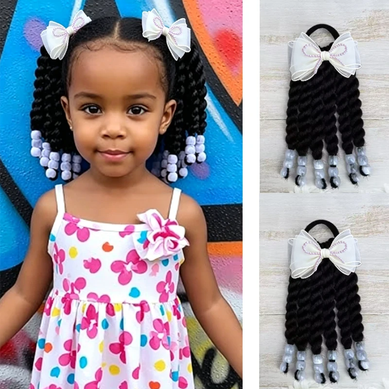 

2Pcs Box Braids Kids Ponytail With sequin bow clip - Braids with Beads Protective Braided Hairstyles for Black Girl Natural Soft