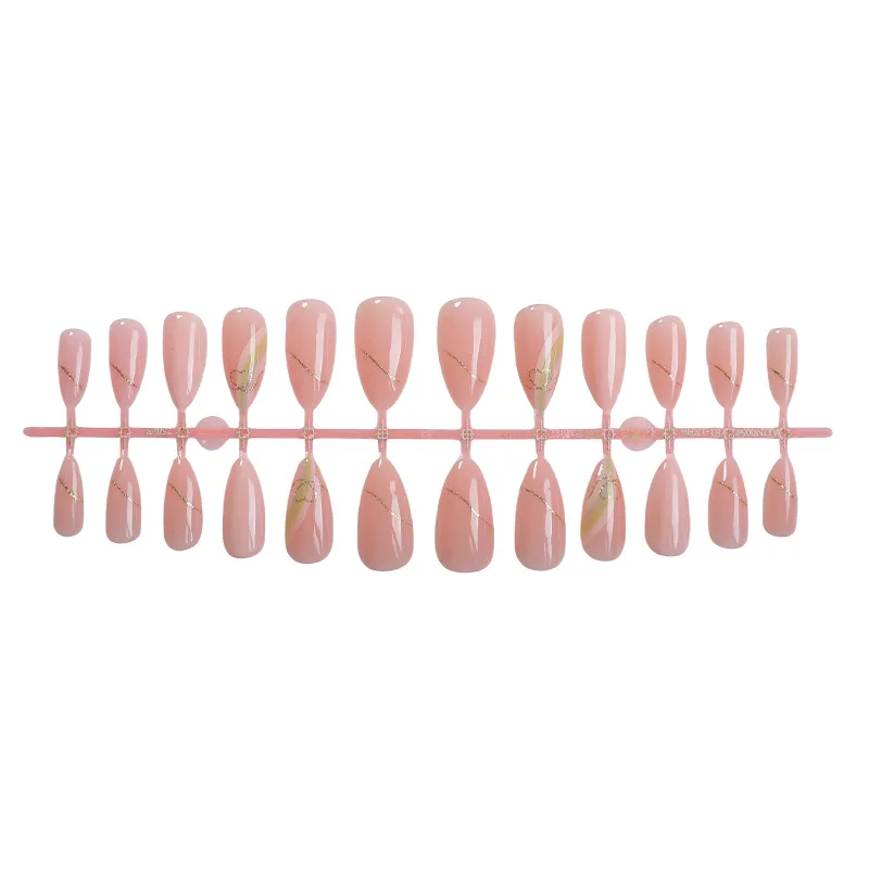 24pcs Pink Glitter Golden Line Love Press on Nails Manicure Wearable Nail for Women and Girls False Nail