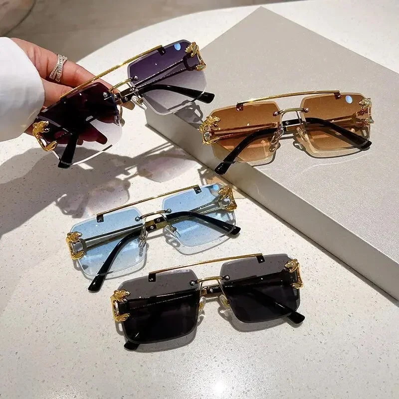 Fashion Rectangle Sunglasses for Men Women Rimless Square Shade Eyewear Frameless Vintage Square Glasses