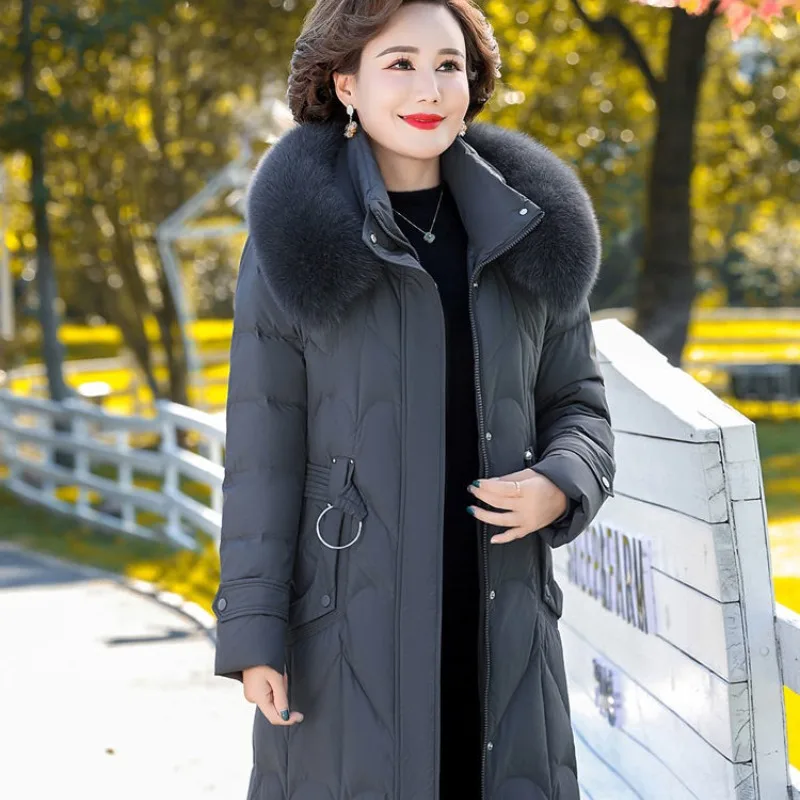 2023 New Women White Duck Down Jacket Winter Coat Female  Extra Long Knee Length Parkas Thicken Loose Outwear Hooded Overcoat
