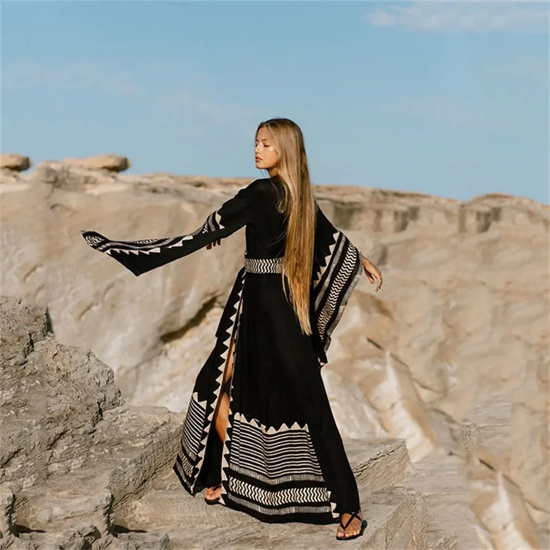 2024 Self Tight Black Embroidered Women kaftan kimono Tunic Summer Beach Dress Plus Size Beach Wear Swimsuit Cover Up outfits