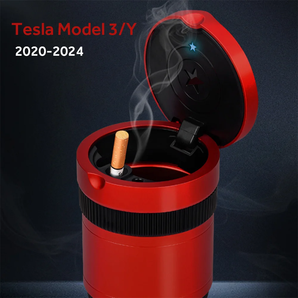 1X New Car Ashtray LED Light Cigarette Smoke Holder For Tesla Portable Universal Decoration Styling Accessories Multifunction