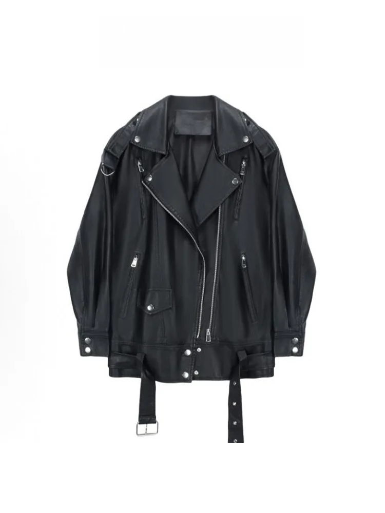 Printemps rue Sle femmes ample surdimensionné en cuir PU Jaet Bla Biker tenue Cool et épicé manteau de moto