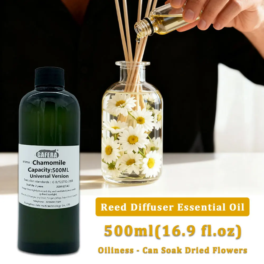 GAFERA 500ml (16.9 fl.oz) Aceites Esenciales de Manzanilla, para Difusor de Varillas y Aromaterapia sin Llama, Aceite Aromático de Repuesto para Difusor de Hotel
