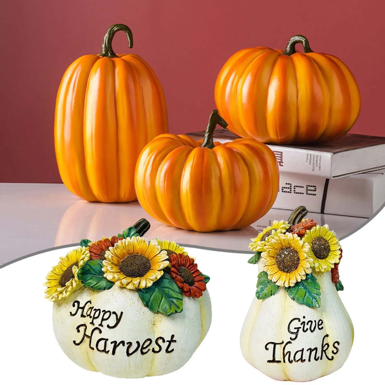 Classic Resin Decorative Pumpkins Artificial Yellow Carved Pumpkins Decoration For Home Decorating