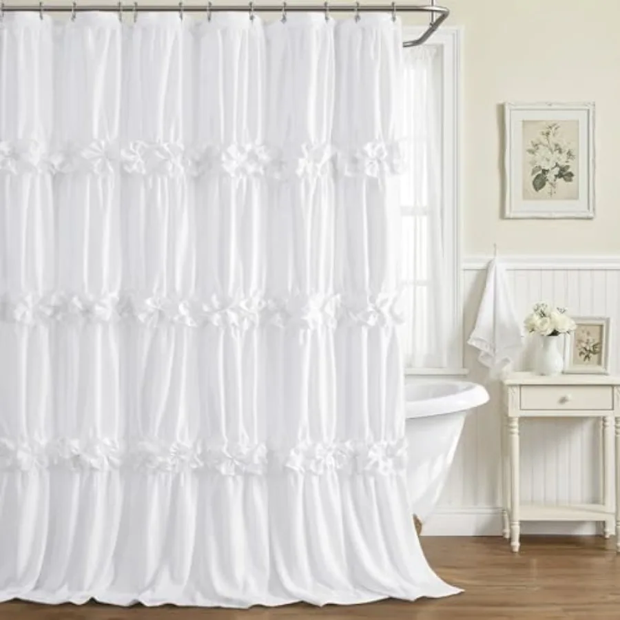 

Ruffle Shower Curtain with Handmade Bow Tie Vintage Farmhouse Shower Curtain for Bathroom 72" W x 90" H