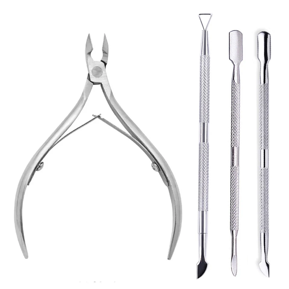 Set de 4 piezas de cortaúñas y tijeras de acero inoxidable profesional, alicates multifunción, empujador y removedor de cutículas, kit de cuidado de uñas y manicura 2