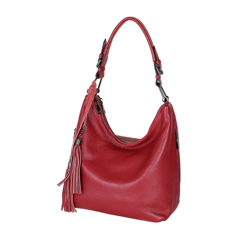 Zency Fashion Tassel damska torba na ramię 100% prawdziwej skóry codzienne zakupy Hobos klasyczna duża czerwona torebka typu Tote torba Crossbody