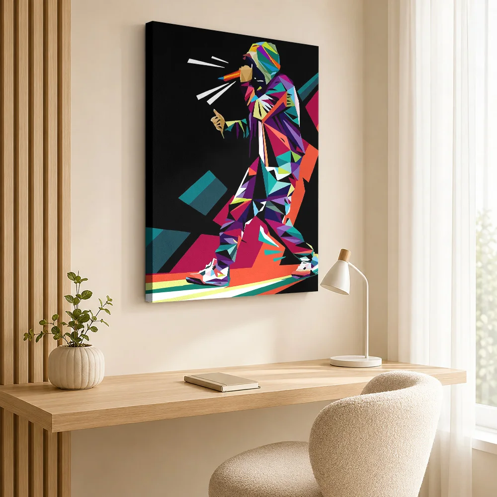 Eminem Singing Into Microphone Framed Canvas Print Personalized Photo Geometric Color Blocks Wall Art For Music Listening Room