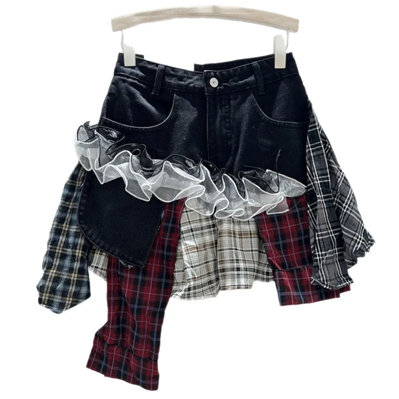 

American High Street Deconstruction Splicing Denim Skirt Women 2025 New Summer Spice Girl Irregular Fungus Edge Short Skirt Tide
