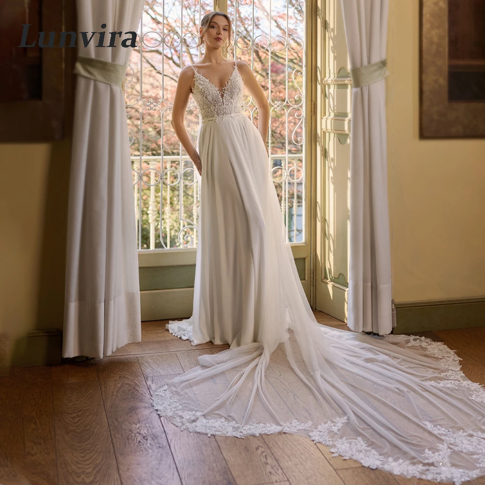 Lunvira Stylish V-neck Wedding Dress Backless Lace Appliques Chiffon Spaghetti Straps Royal Train Robe De Mariee Customized