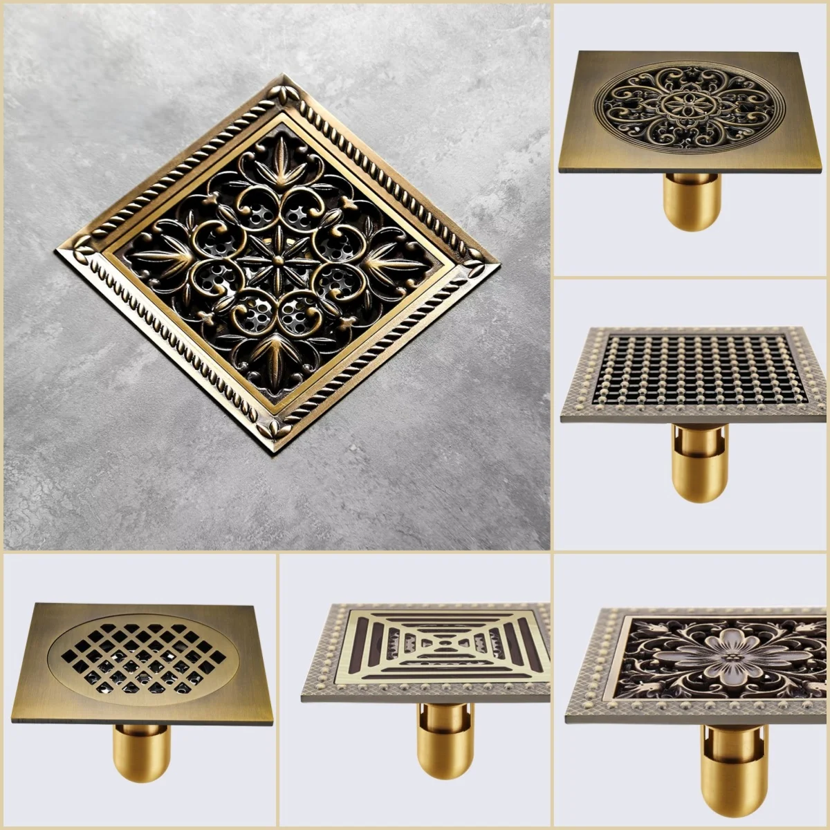 Antique Brass Carved Floor Drain 15X15cm Square Full Copper Deep Water Seal Anti-odor Strainer for Bathroom Shower Wet Dry Area
