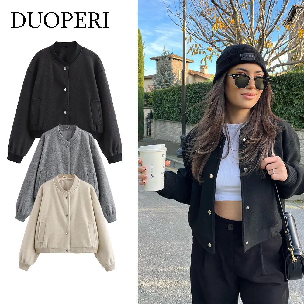 

DUOPERI осенние женские однотонные куртки, модные винтажные куртки на молнии спереди с круглым вырезом и длинными рукавами, женские элегантные шикарные женские повседневные наряды