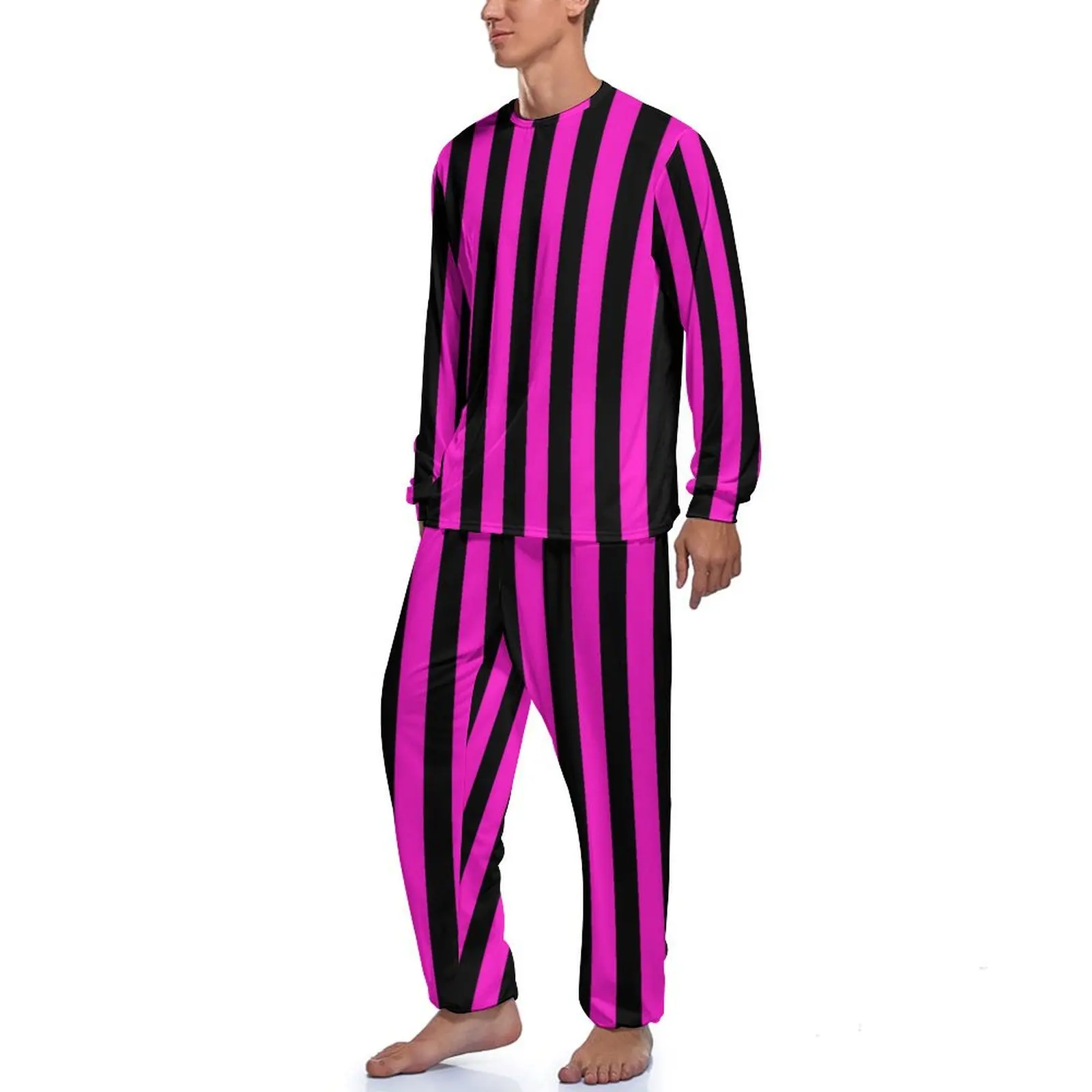 Vertical Striped Pajamas Mens Pink And Black Warm Sleepwear Winter Long Sleeves 2 Piece Casual Custom Pajamas Set