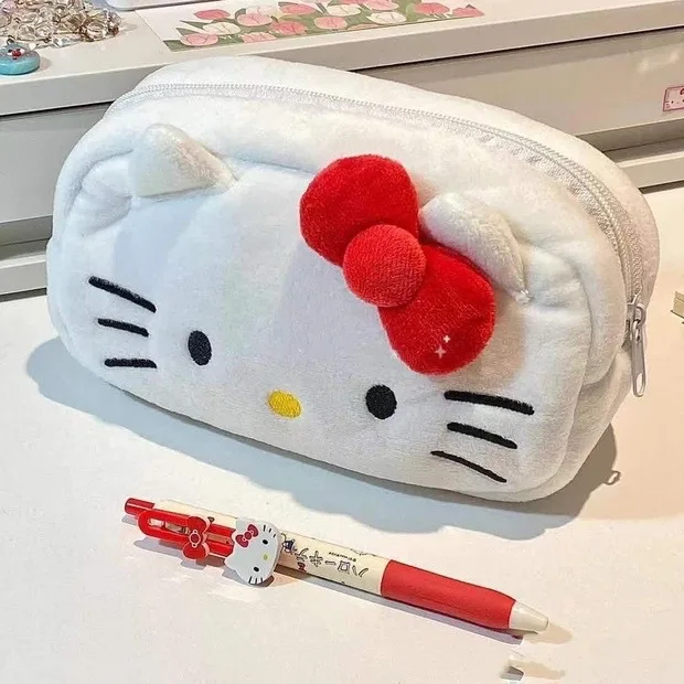 Hello Kitty Plush Pencil Bag Cartoon Sanrio Student High-Capacity Kawaii Pen Case Cute Girl Cosmetic Storage Bag Birthday Gifts