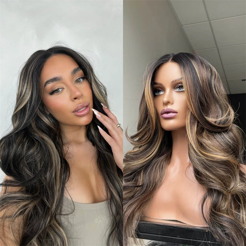 

Women's Wigs Dark Brown with Honey Blonde Streaks Synthetic Lace Front Wig Natural Preplucked Hairline Heat Resistant Party Hair