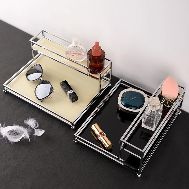 Ins Bathroom Organizer Stainless Steel And Acrylic Double-layer Storage Tray Jewelry Display Plate Sundry Ring Lipstick Holder