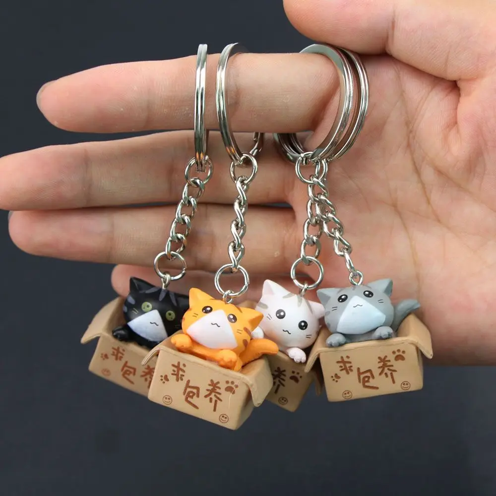 Cute Cartoon Little Cat Box Resin Decorations Bag Charm Pendant Key Ring Keychain For Men Women