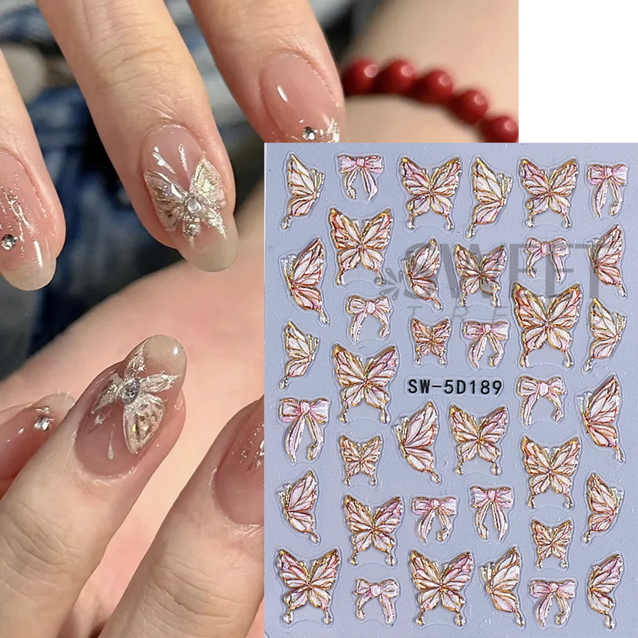 2pcs 5D นูนผีเสื้อสติกเกอร์เล็บ Luxury Glitter Aurora กลีบผีเสื้อตกแต่งเล็บสติ๊กเกอร์ DIY เล็บ Slider