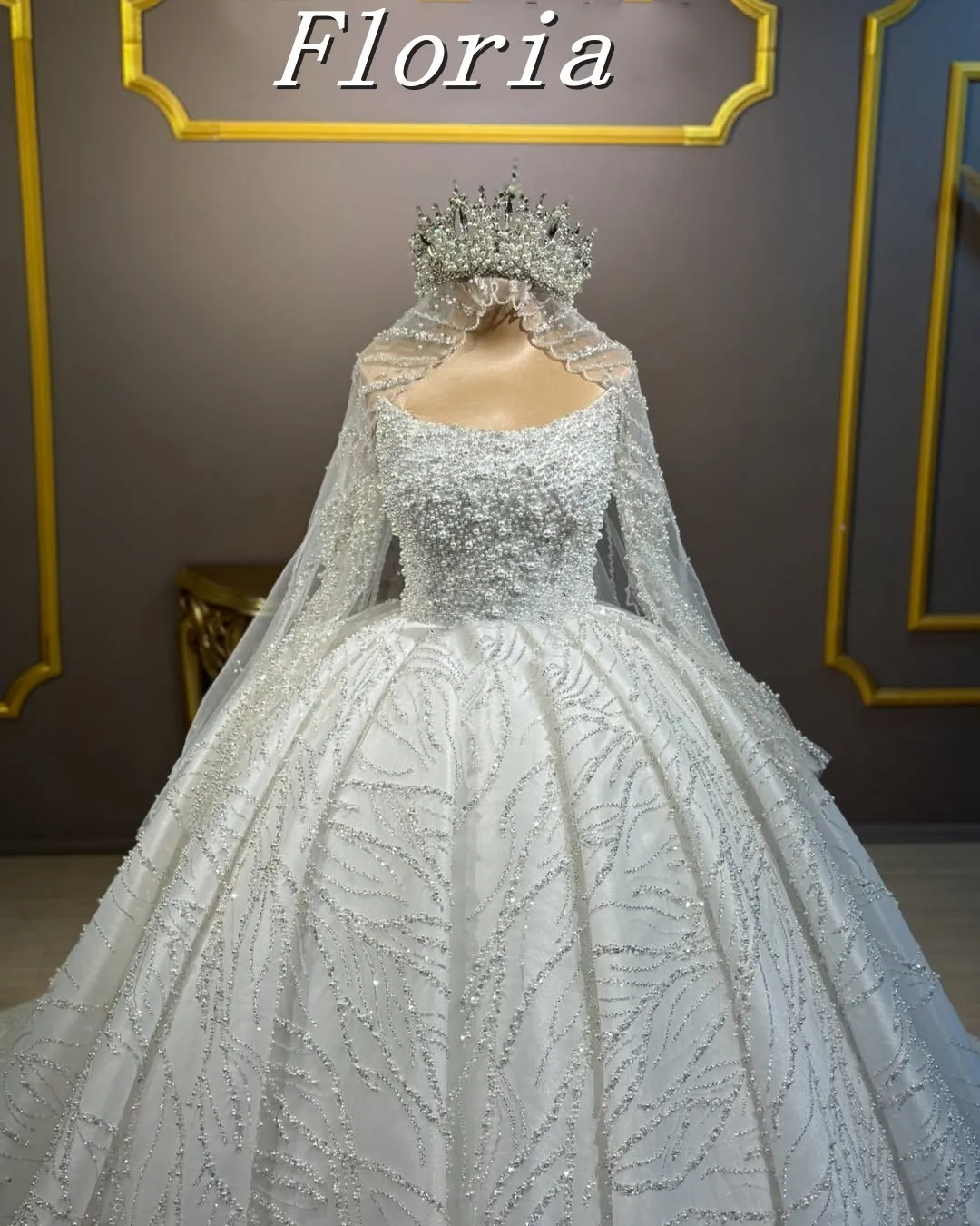 

Customized Muslim Luxurious Full Pearl Long Sleeves Wedding Dress Classic Arabic Sparkly Bridal Dresses A-Line Vestidos De Novia