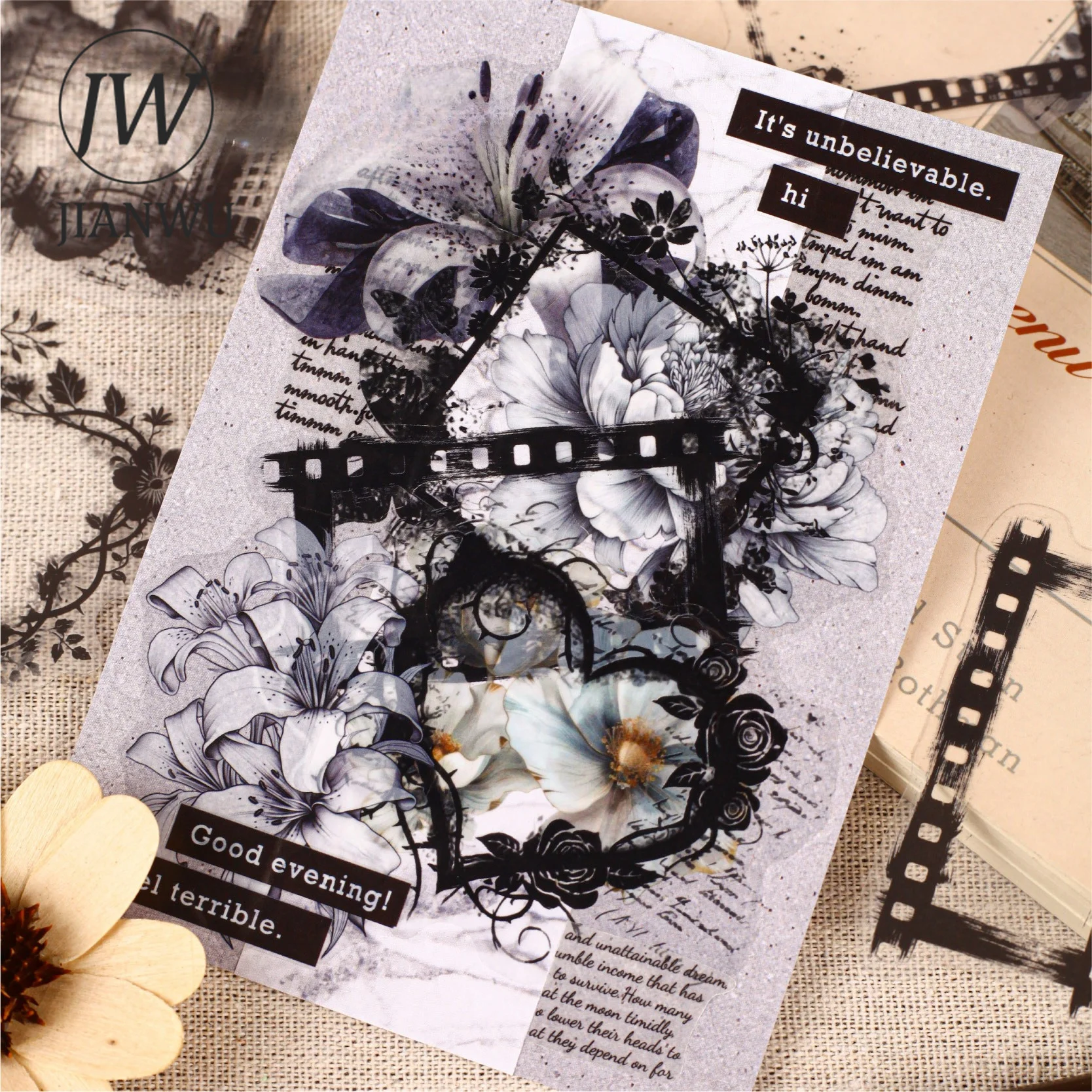 JIANWU Vintage Dark Film Flower Gear Music Border Landscape Material Collage Scrapbooking PET Sticker Journal Stationery