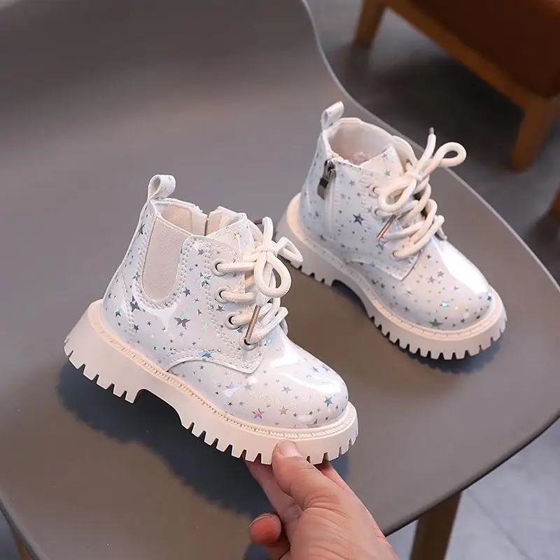 New Children Martine Boots Non-slip Soft Sole Walking Shoes PU Leather Sparkle Boots Lace Up Side Zipper Pure Color Casual Shoes