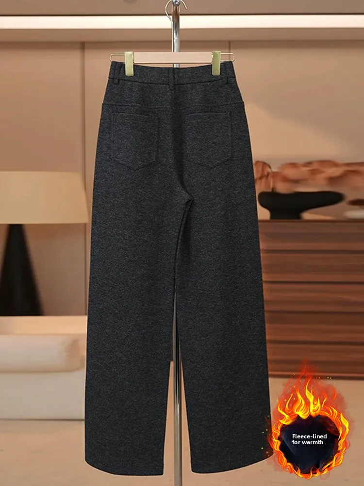 Thiened Fce Pantaloni di lana a gamba dritta a vita alta Pantaloni casual da donna Autunno Inverno Nuovo Sle Dimagrante Gamba larga allentata...