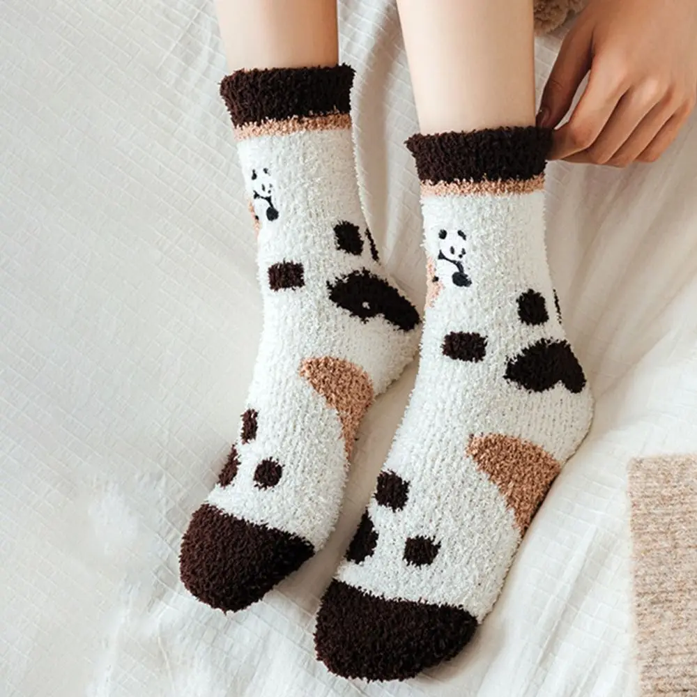 Panda Embroidery Coral Fleece Mid Tube Socks Harajuku Style Women Socks Home Sleeping Socks Floor Socks Autumn Winter Socks