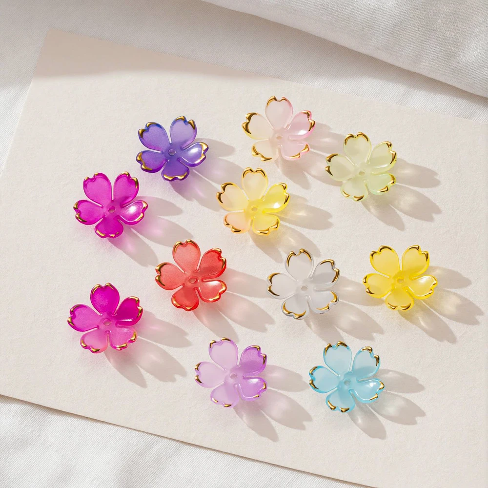 50pcs/Lot Cherry Blossoms Acrylic Beads Golden Brushed Patter Petals Charms Connector DIY Earring Hair Jewelry Making Acessories
