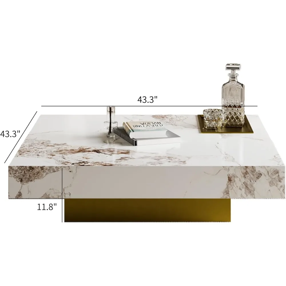 طاولة قهوة حديثة لغرفة المعيشة، طاولة غرفة معيشة مربعة كبيرة 43.31 بوصة، سطح طاولة من الحجر الملبد مع أرجل من الفولاذ المقاوم للصدأ باللون الذهبي