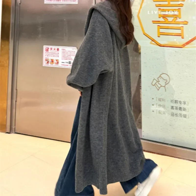

New Fashion Gray Sweater Jacket For Autumn Winter Loose Hooded Knitted Cardigan Long Style Women Sweatershirt Black JJ432