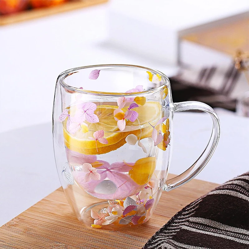 Dry Flower Double Layer Glass Cup, Creative Gift, Cute Milk Cup, Coffee Cup, Handle Mug, Heat-Resistant Cup