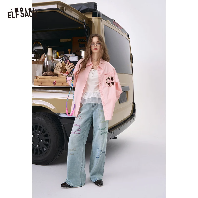 ELFSACK 2025 Autumn New Arrival Casual Artisan Embroidered Light Wash Wide-Leg Jeans Loose Straight Pants For Woman