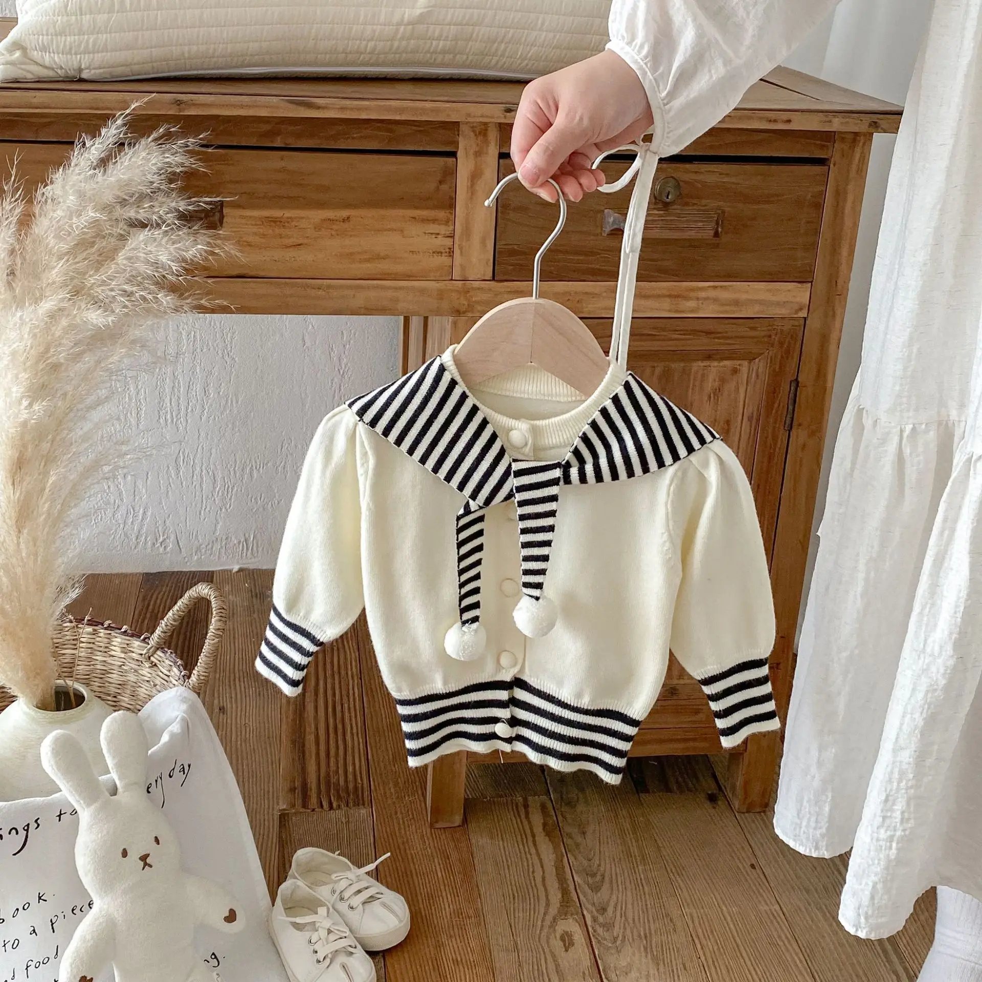 

2025 Autumn Winter Baby Striped Navy Collar Cardigan Knitted Top Coat Sweater Girls Baby Korean Clothes