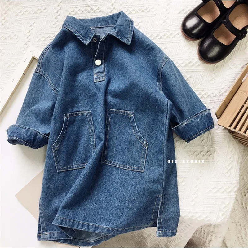 Autumn Children Girls Dress RAISE Infant Baby Girls Turn Down Collar Denim Dress Retro Casual 2-8Yrs Kids Girl Long Sleeve Dress