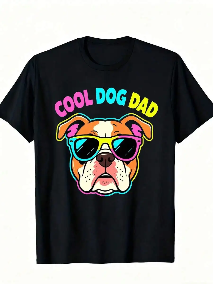 1pc Man S' Cool Dog Print Black TShirt Crew Neck Casual Cotton Tee Medium Stretch Knit Fabric Regular Fit For Boys Man Perfect F