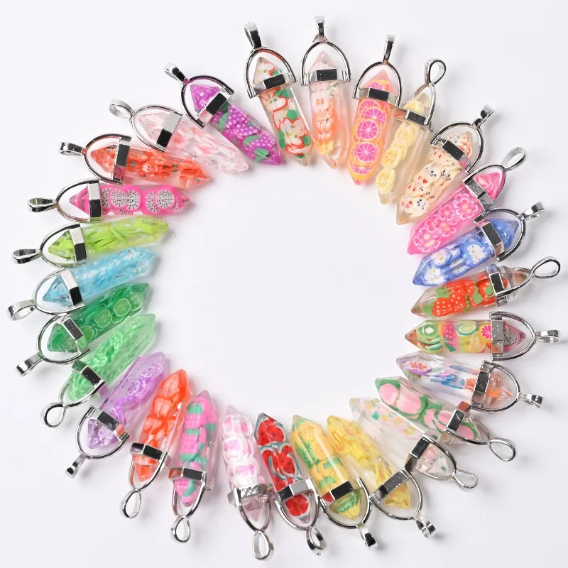 50pc/lot Wholesale Resin Hexagonal Prism Shape Flower Fruit Charms Inside Glass Colorfull Pendant Jewelry Making