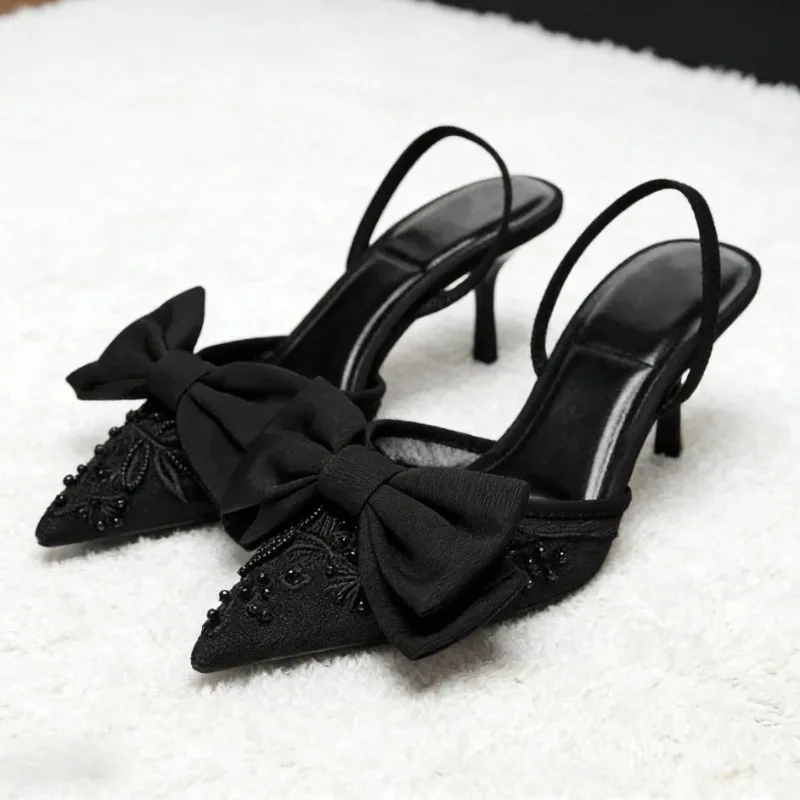 Brand Designer Thin High Heels Women Bow String Bead Pointed Slingback Mules Pumps Mesh Embroider Elegant Dress Sandals Female