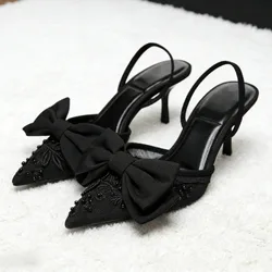 Brand Designer Thin High Heels Women Bow String Bead Pointed Slingback Mules Pumps Mesh Embroider Elegant Dress Sandals Female