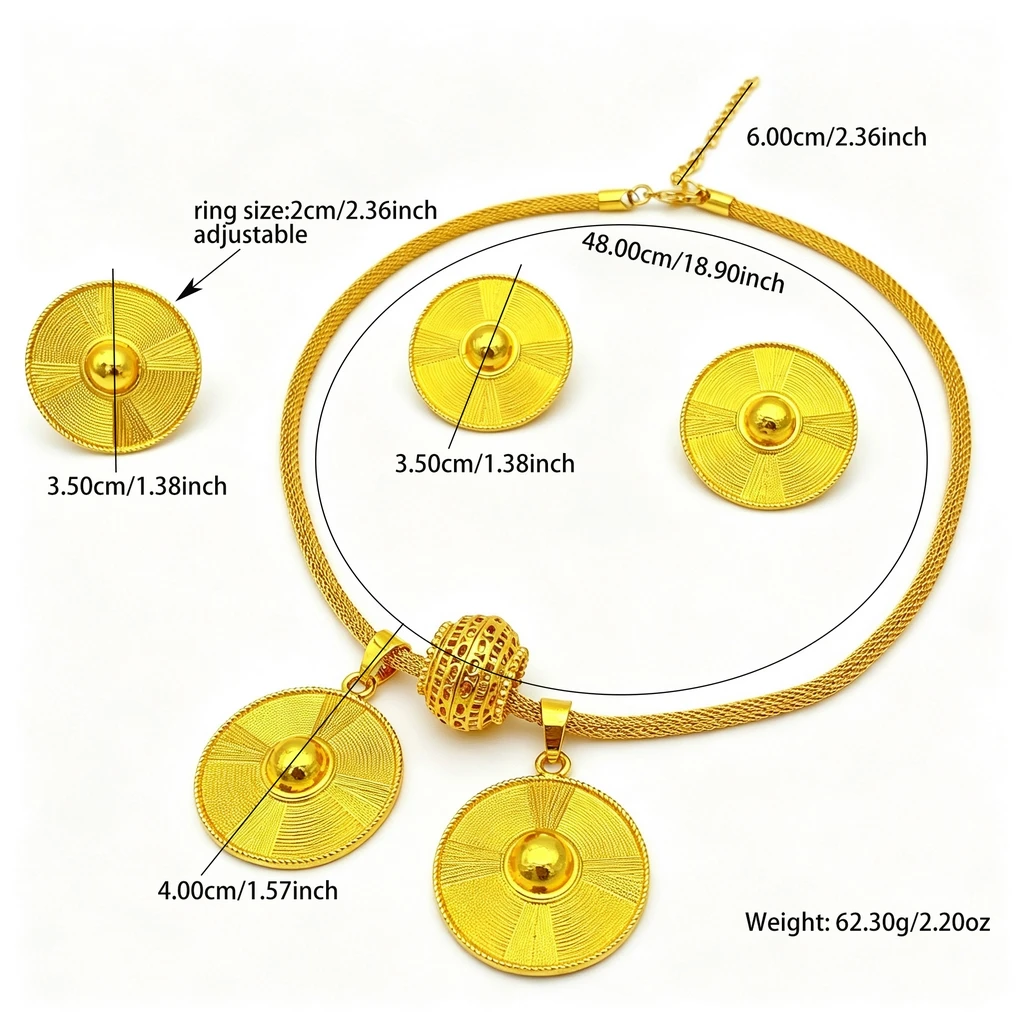 Luxuriöse Dubai 24k vergoldete Schmucksets für Frauen Äthiopisches Indisches Braut-Halsketten- und Ohrring-Set Hochzeitsgeschenk – Detail 6