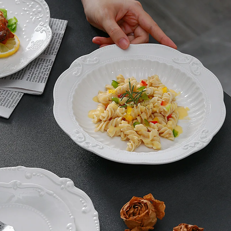 European Style Embossed Ceramic Plate Royal Dining Dish Creative Lace Dessert Plate Western Cake Dish